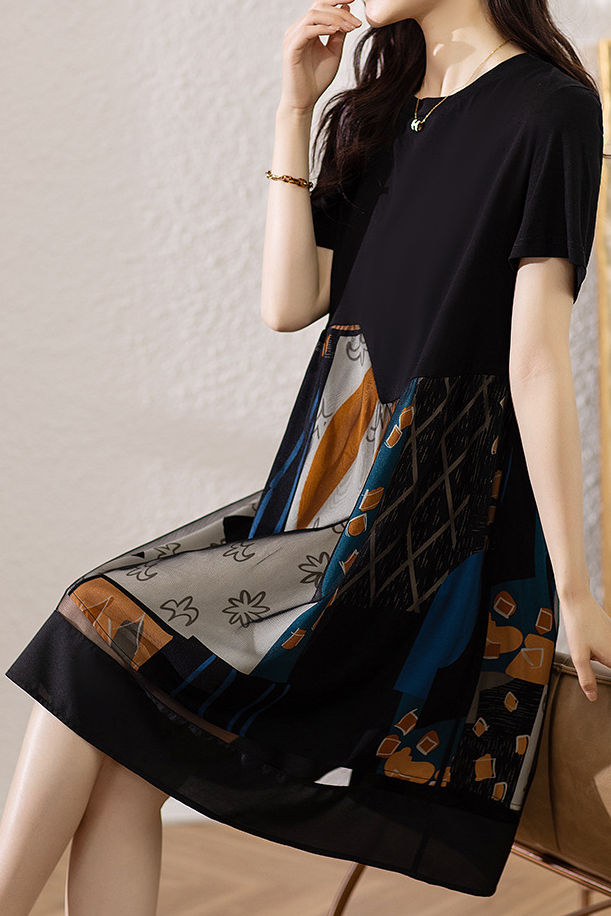 Asymmetrical spliced double-layer abstract print short sleeve mid-length dress - liwisi