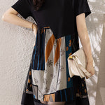 Asymmetrical spliced double-layer abstract print short sleeve mid-length dress - liwisi