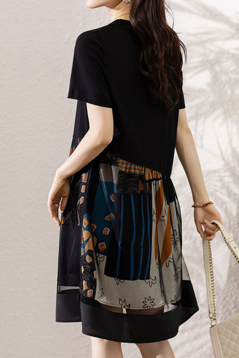 Asymmetrical spliced double-layer abstract print short sleeve mid-length dress - liwisi