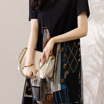 Asymmetrical spliced double-layer abstract print short sleeve mid-length dress - liwisi