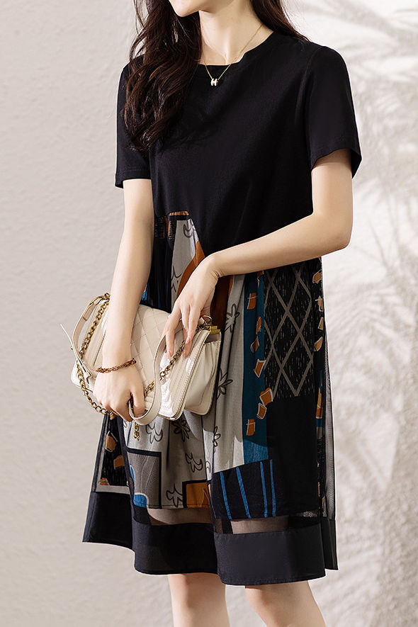 Asymmetrical spliced double-layer abstract print short sleeve mid-length dress - liwisi