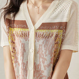 V-neck short sleeve knitted cardigan with graphic print - liwisi