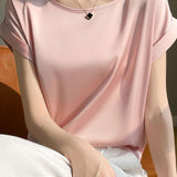 Satin drop shoulder round neck T-shirt - liwisi