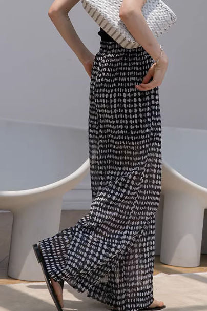 Black and white polka dot casual high-waisted wide-leg pants - liwisi