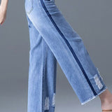Color block frayed straight leg jeans - liwisi