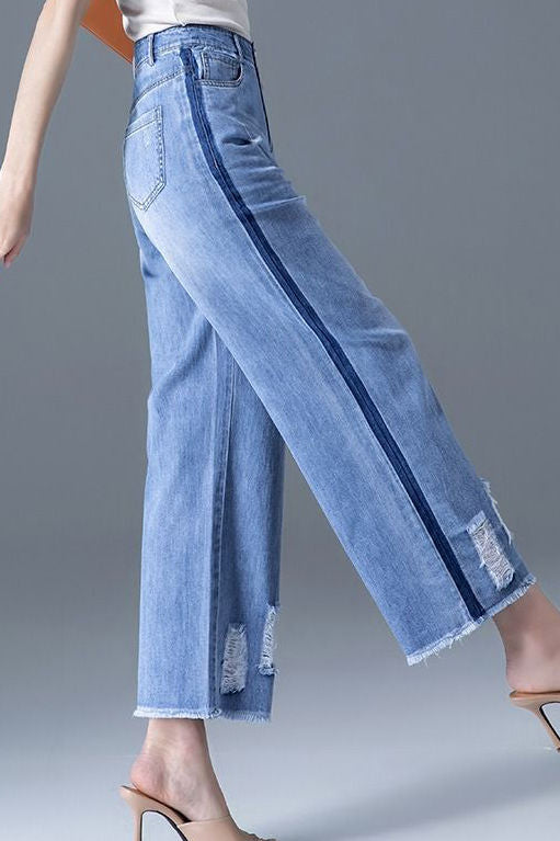 Color block frayed straight leg jeans - liwisi