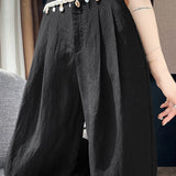 High-waisted shell weave pleated cotton-linen straight leg pants - liwisi