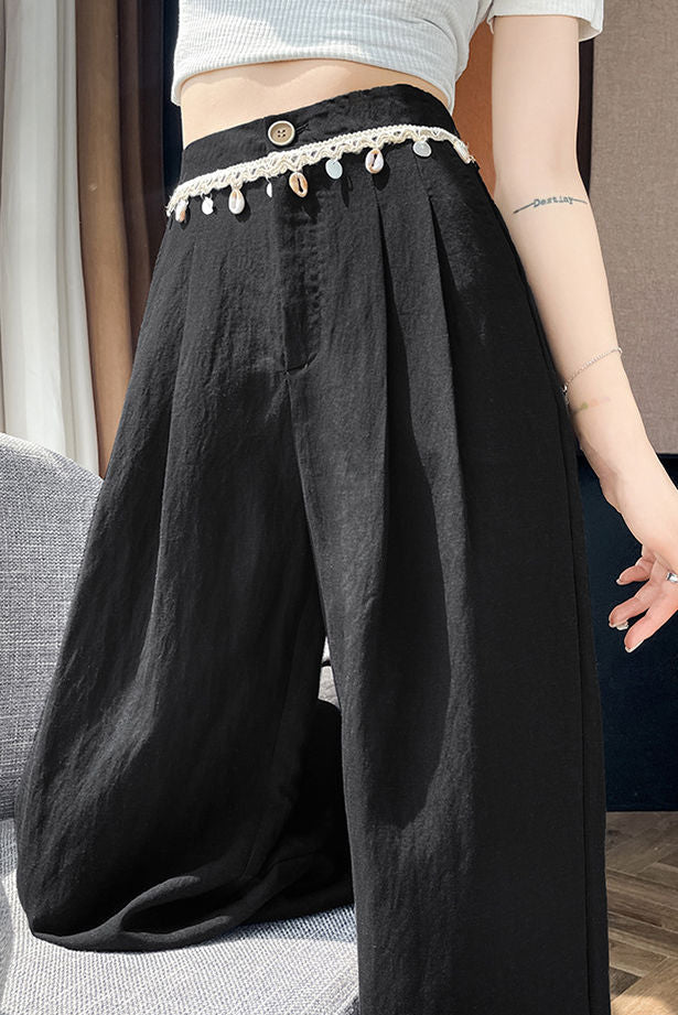 High-waisted shell weave pleated cotton-linen straight leg pants - liwisi