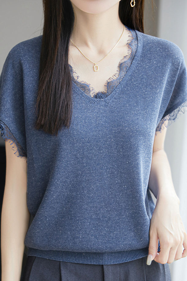 V-neck lace-trimmed knit T-shirt - liwisi
