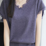 V-neck lace-trimmed knit T-shirt - liwisi