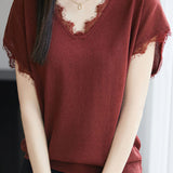 V-neck lace-trimmed knit T-shirt - liwisi