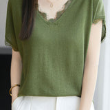 V-neck lace-trimmed knit T-shirt - liwisi