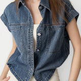 Collared button-up retro denim shirt with short sleeves - liwisi