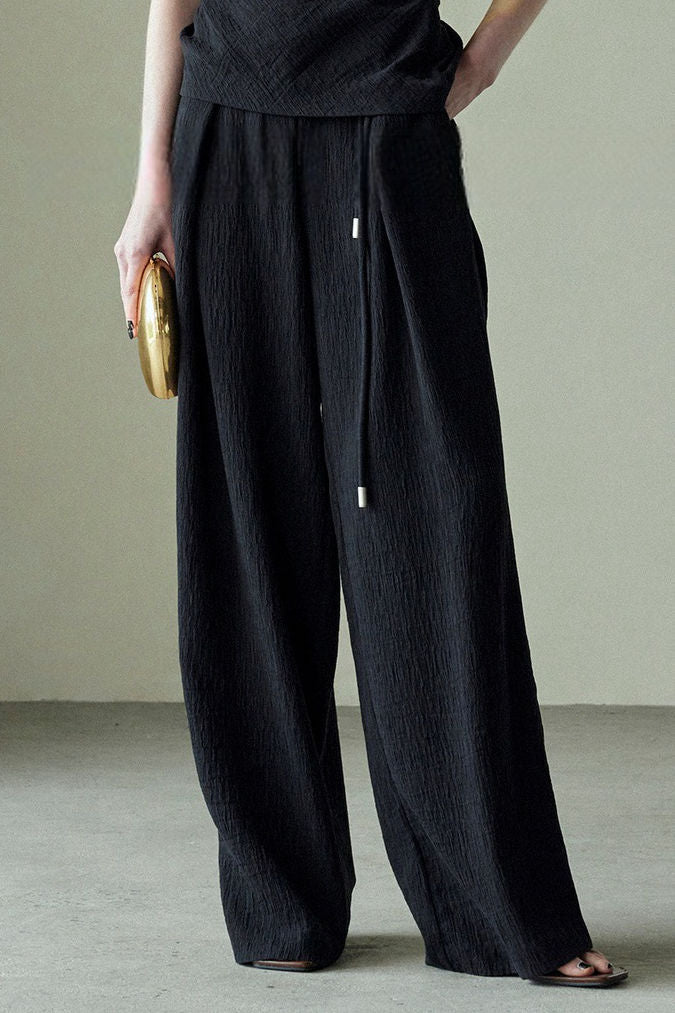 Textured off-shoulder fitted top with side pleats, loose pleated wide-leg pants two-piece set - liwisi