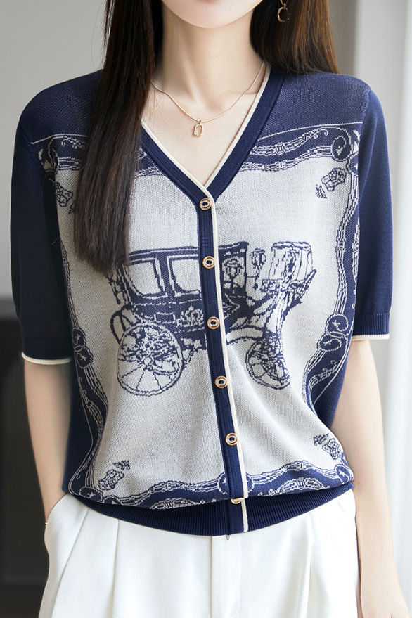 V-neck color block knit T-shirt - liwisi