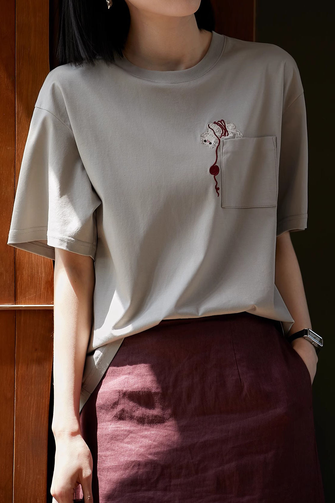 Cat embroidery round neck short sleeve pocket casual loose top - liwisi
