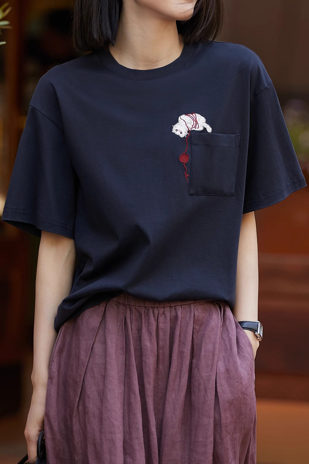 Cat embroidery round neck short sleeve pocket casual loose top - liwisi