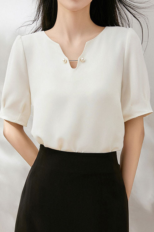 Solid color V-neck pearl shirt - liwisi
