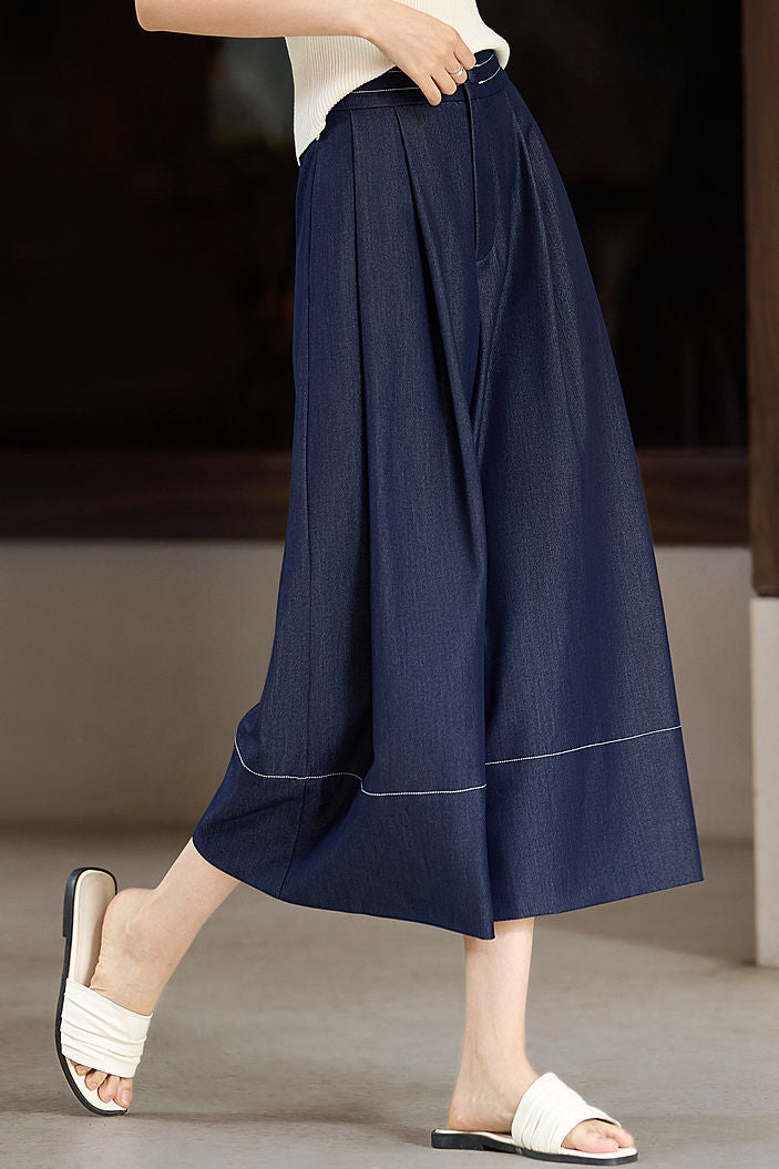 High-waisted plain pleated wide-leg culottes - liwisi