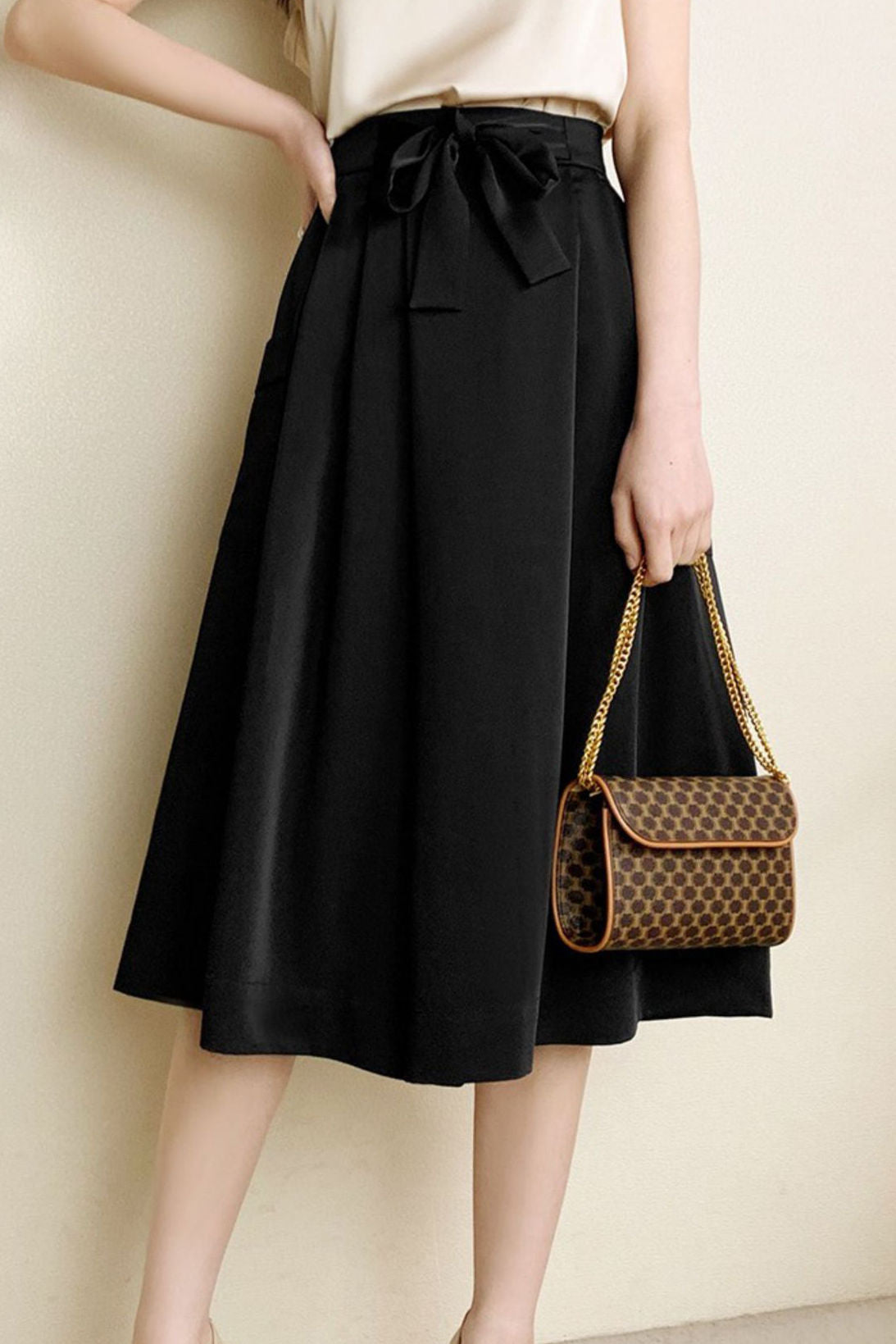 Solid color tie waist wide-leg skirt pants - liwisi