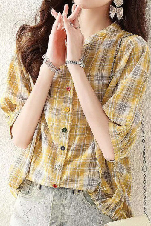 Round stand collar button-up short sleeve loose casual shirt with drawstring hem - liwisi
