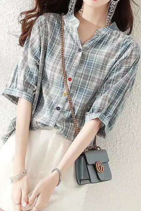 Round stand collar button-up short sleeve loose casual shirt with drawstring hem - liwisi