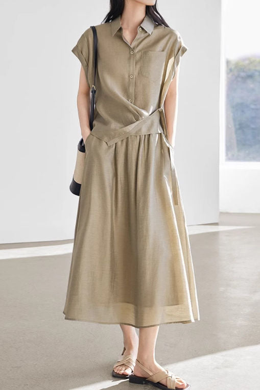 Linen button-up irregular design short sleeve shirt with A-line long skirt set - liwisi