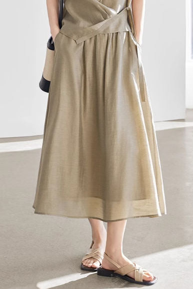 Linen button-up irregular design short sleeve shirt with A-line long skirt set - liwisi