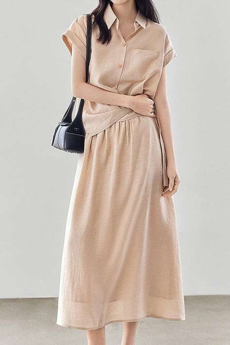 Linen button-up irregular design short sleeve shirt with A-line long skirt set - liwisi