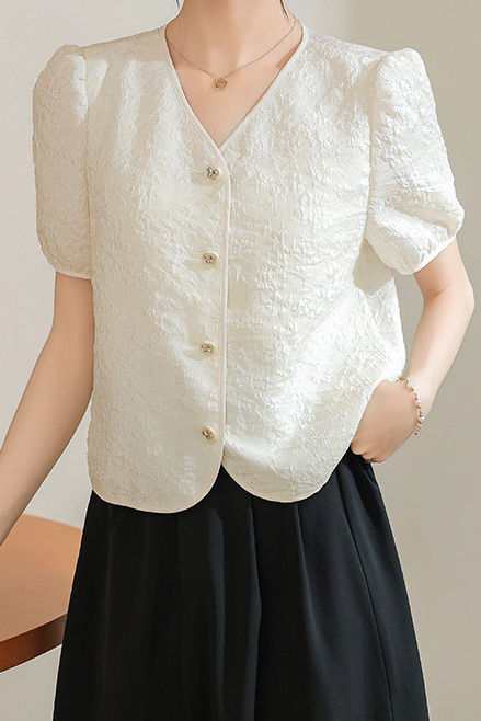 A-line bubble short sleeve button-up shirt - liwisi