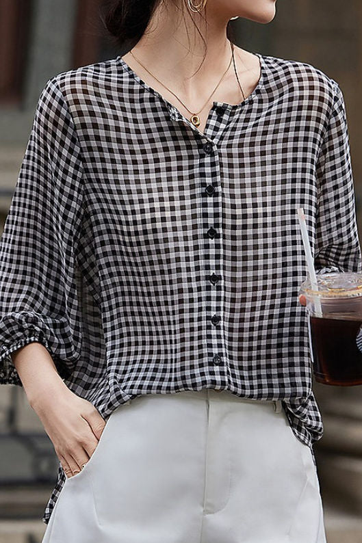Checkered chiffon round neck button-up long sleeve sun protection shirt - liwisi