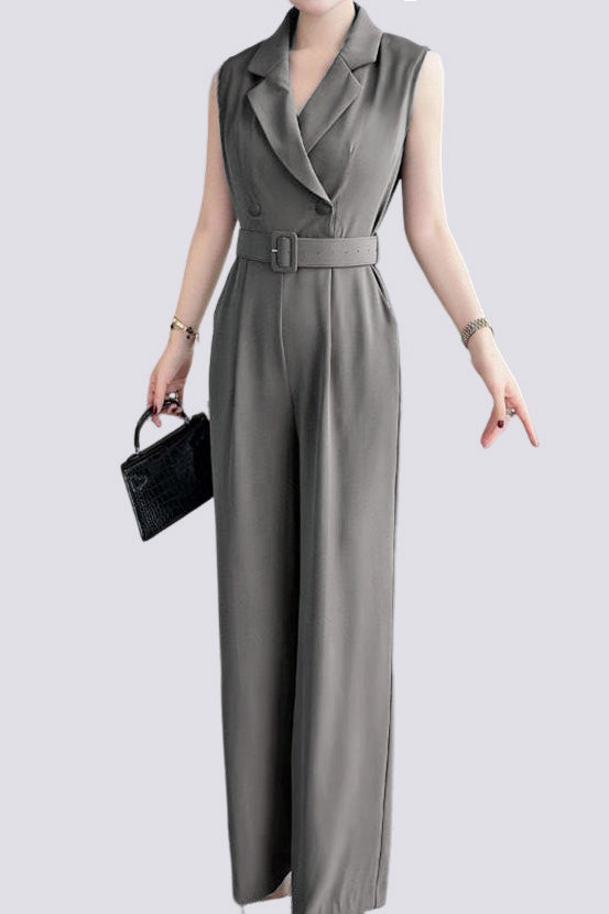 Sleeveless waist-defining suit collar wide-leg jumpsuit - liwisi
