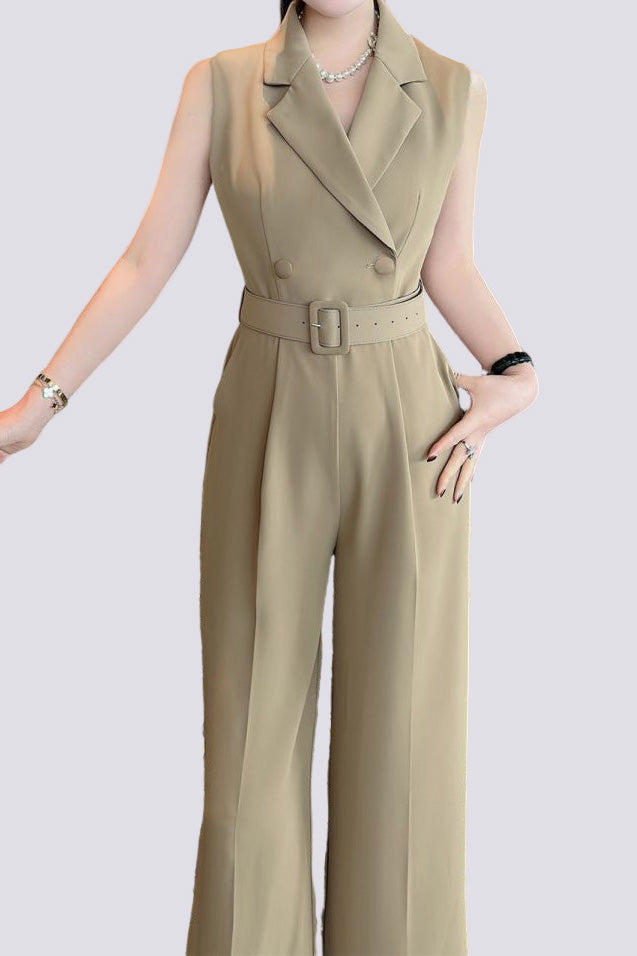 Sleeveless waist-defining suit collar wide-leg jumpsuit - liwisi