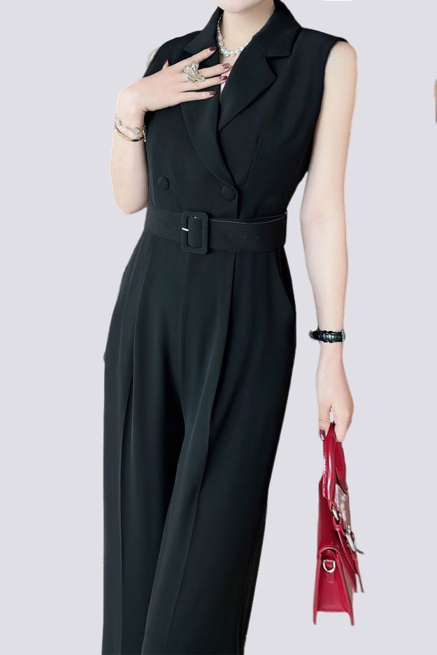 Sleeveless waist-defining suit collar wide-leg jumpsuit - liwisi