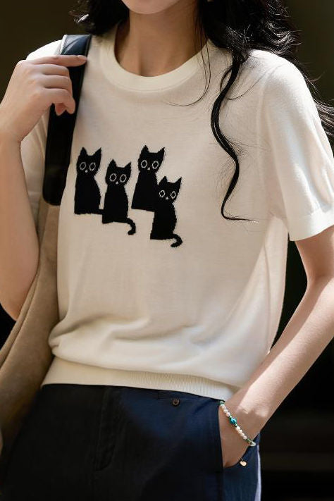 Cat pattern knit short sleeve T-shirt - liwisi