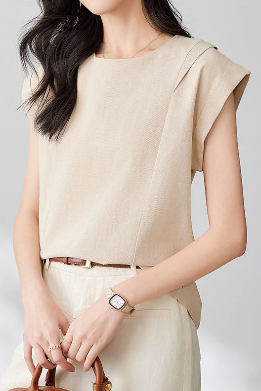 Round neck pullover shirt with small flutter sleeves - liwisi