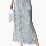 Denim lace spliced rhinestone slit straight skirt - liwisi