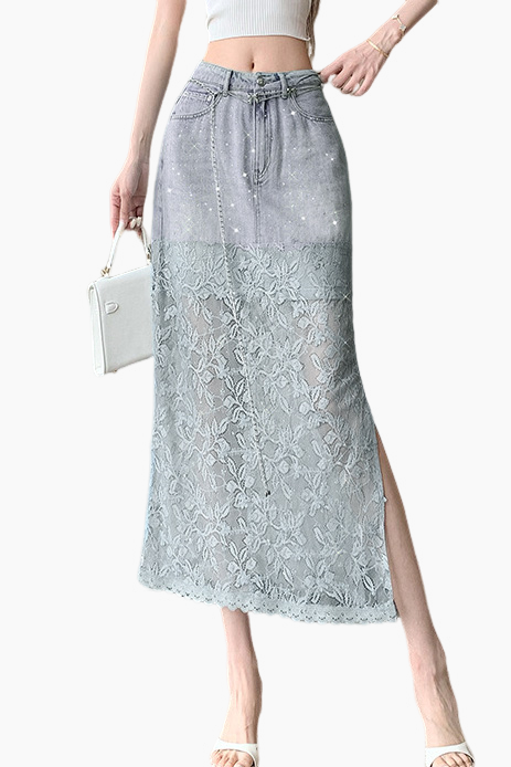 Denim lace spliced rhinestone slit straight skirt - liwisi