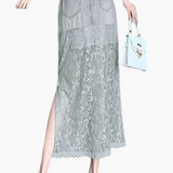 Denim lace spliced rhinestone slit straight skirt - liwisi
