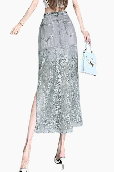 Denim lace spliced rhinestone slit straight skirt - liwisi