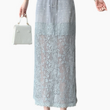 Denim lace spliced rhinestone slit straight skirt - liwisi
