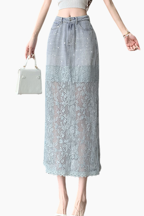 Denim lace spliced rhinestone slit straight skirt - liwisi