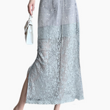 Denim lace spliced rhinestone slit straight skirt - liwisi