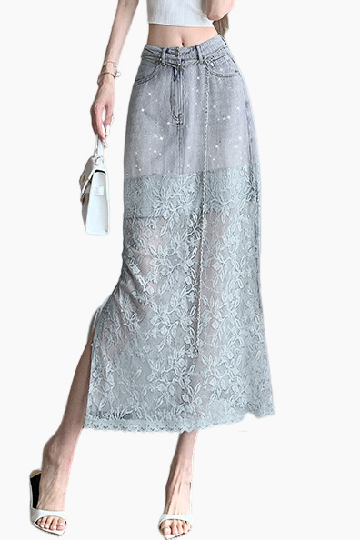 Denim lace spliced rhinestone slit straight skirt - liwisi