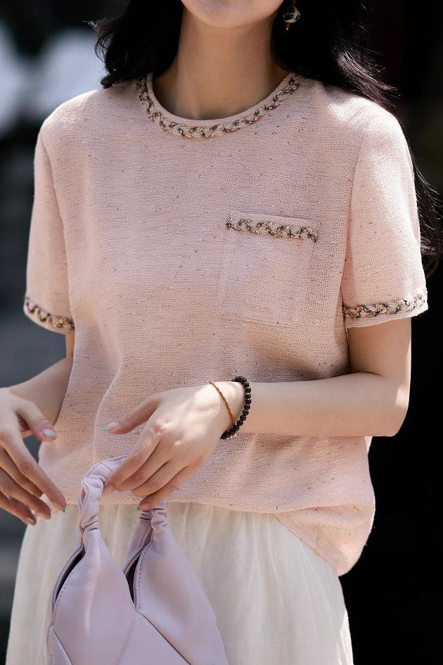 Sequin round neck short sleeve T-shirt - liwisi
