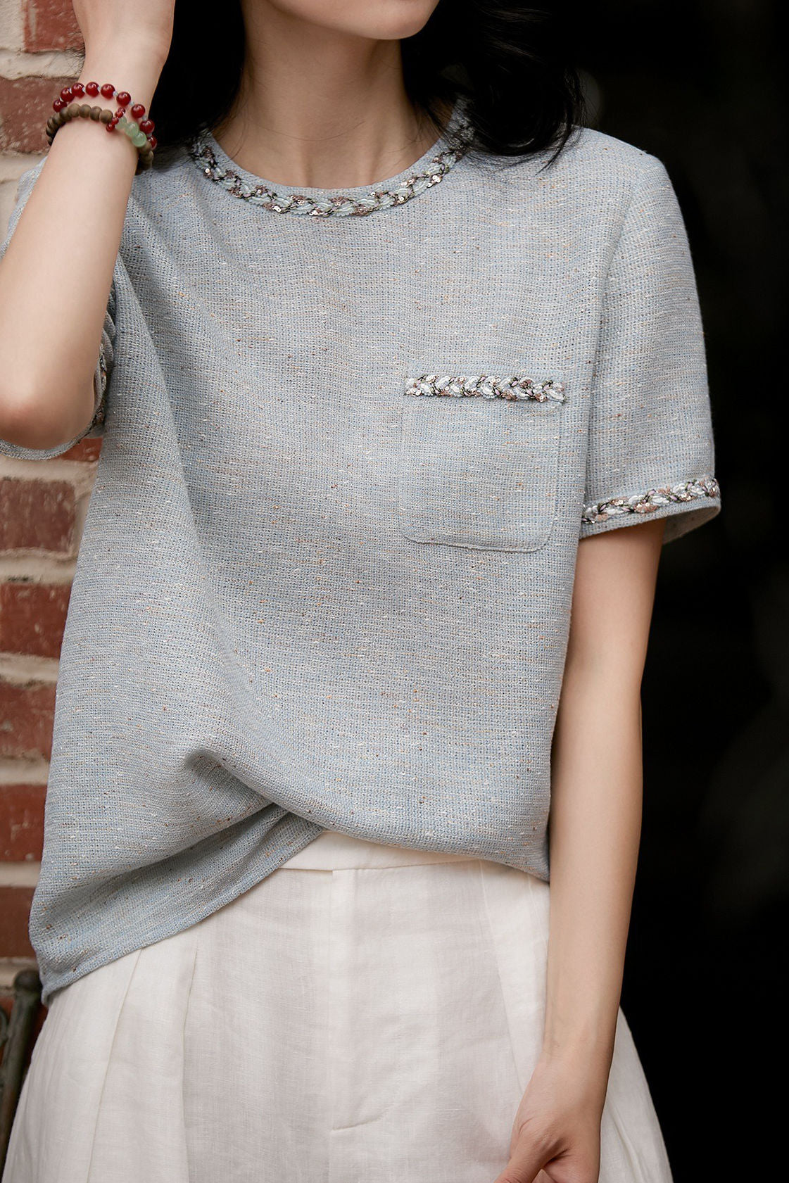 Sequin round neck short sleeve T-shirt - liwisi
