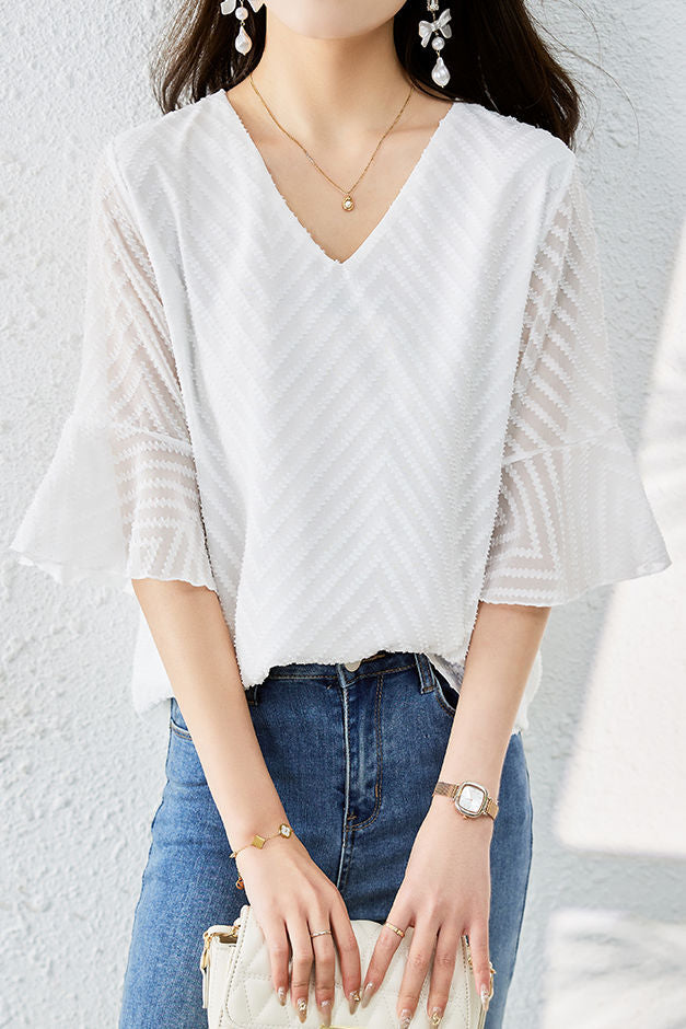 V-neck bell sleeve loose shirt - liwisi