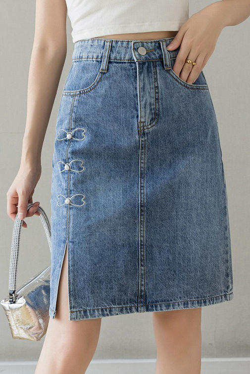 Embroidered beaded high-waisted slit denim skirt - liwisi