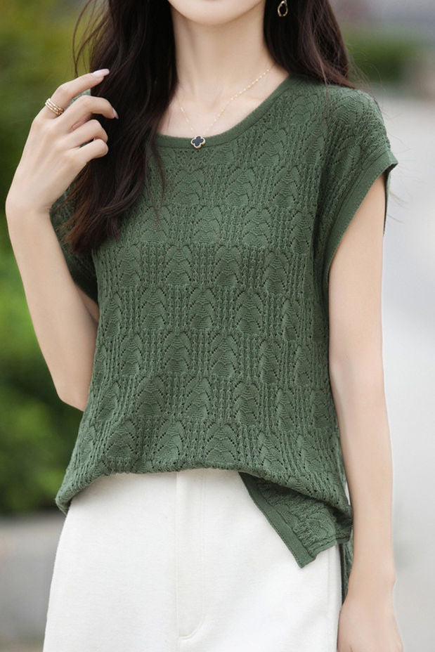 Hollow lace knit T-shirt - liwisi