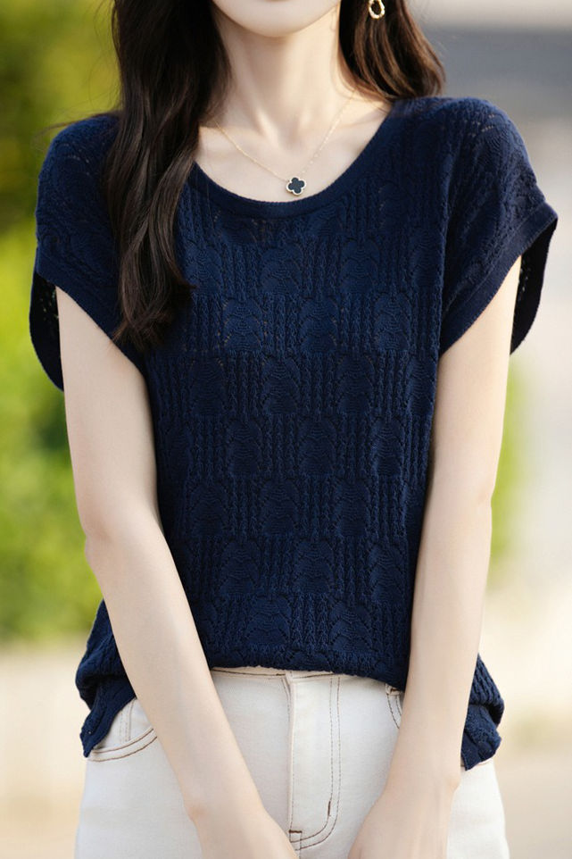 Hollow lace knit T-shirt - liwisi